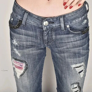 Vintage Marciano Y2K Jeans Embellished Distressed Low Rise Blue Boot Cut Size 25